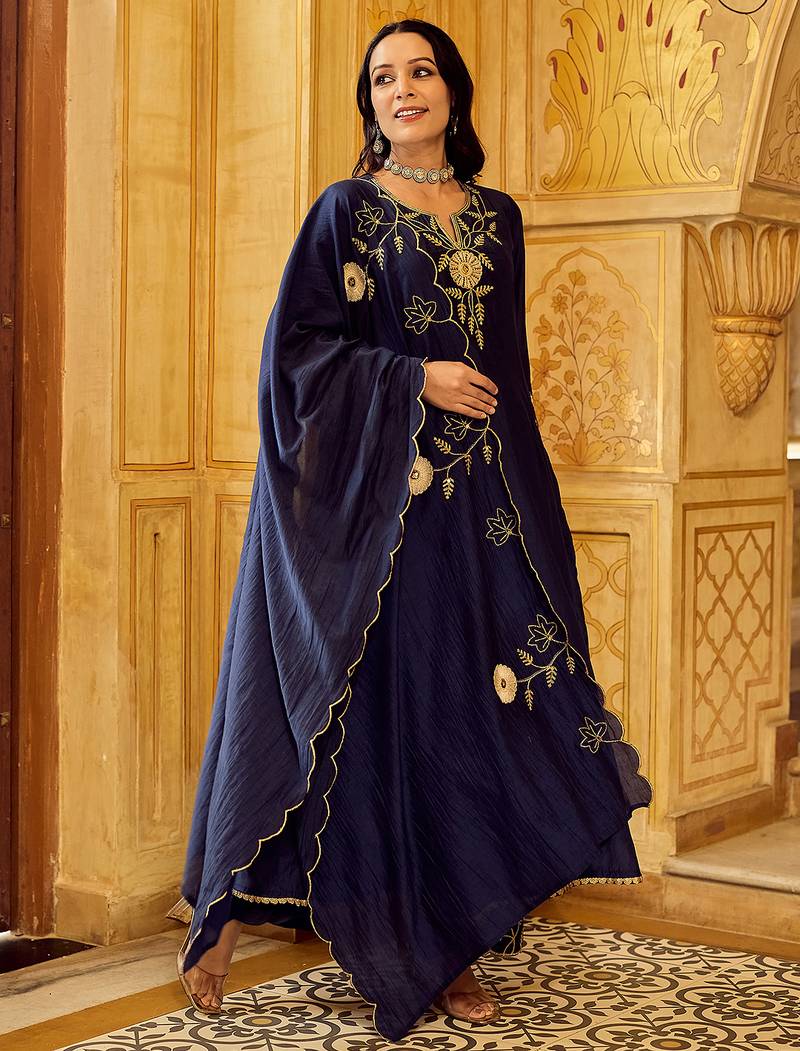 Navy blue chanderi silk heavy thread embroidery work kurta pant set