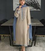 Beige chanderi silk heavy thread embroidery work kurta pant set