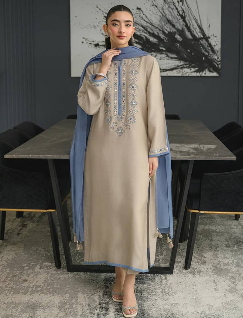 Beige chanderi silk heavy thread embroidery work kurta pant set