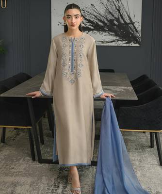 Beige chanderi silk heavy thread embroidery work kurta pant set 3