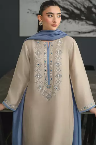 Beige chanderi silk heavy thread embroidery work kurta pant set