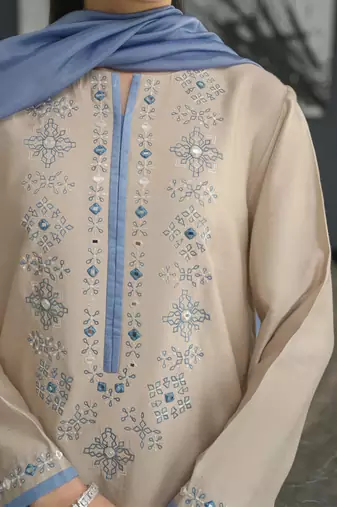 Beige chanderi silk heavy thread embroidery work kurta pant set