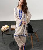 Cream chanderi silk heavy thread embroidery work kurta with pant