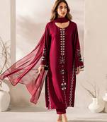 Red chanderi silk heavy thread embroidery work kurta pant set