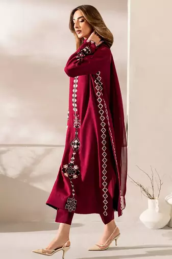 Red chanderi silk heavy thread embroidery work kurta pant set