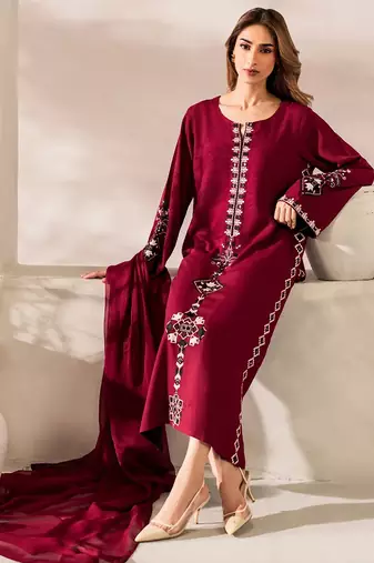 Red chanderi silk heavy thread embroidery work kurta pant set