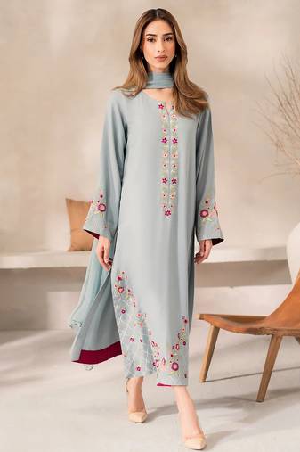 Sky blue chanderi silk heavy thread embroidery work kurta pant set