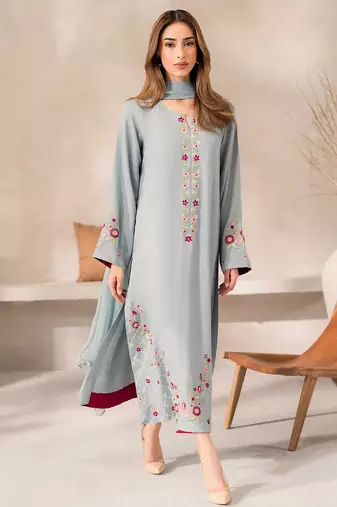 Sky blue chanderi silk heavy thread embroidery work kurta pant set