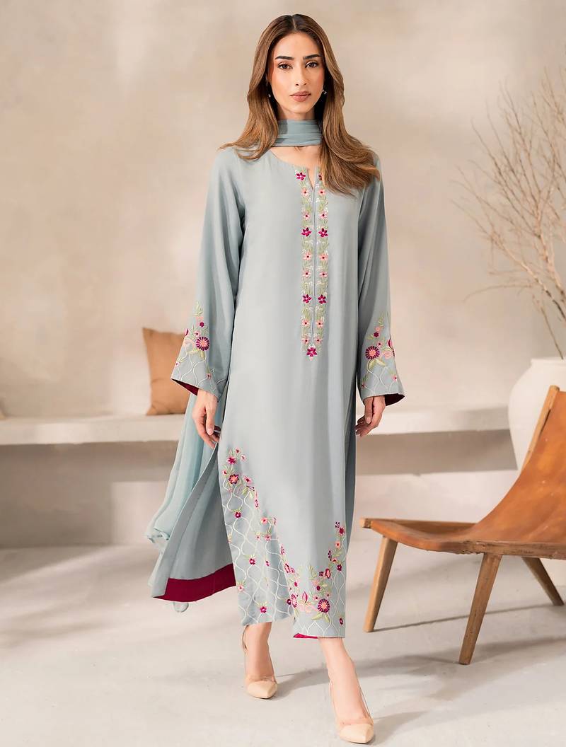 Sky blue chanderi silk heavy thread embroidery work kurta pant set