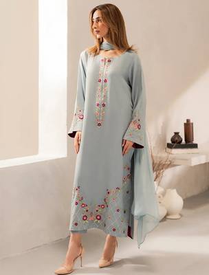 Sky blue chanderi silk heavy thread embroidery work kurta pant set 2