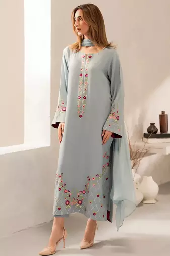 Sky blue chanderi silk heavy thread embroidery work kurta pant set