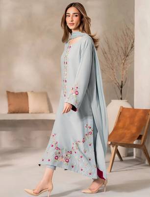 Sky blue chanderi silk heavy thread embroidery work kurta pant set 3