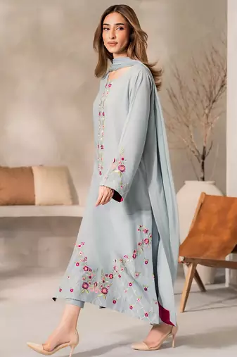 Sky blue chanderi silk heavy thread embroidery work kurta pant set