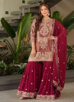 Maroon embroidered crazy silk kurta palazzo set with georgette dupatta 1