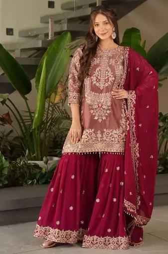 Maroon embroidered crazy silk kurta palazzo set with georgette dupatta