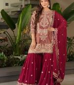 Maroon colour embroidered crazy silk kurta palazzo set with georgette dupatta