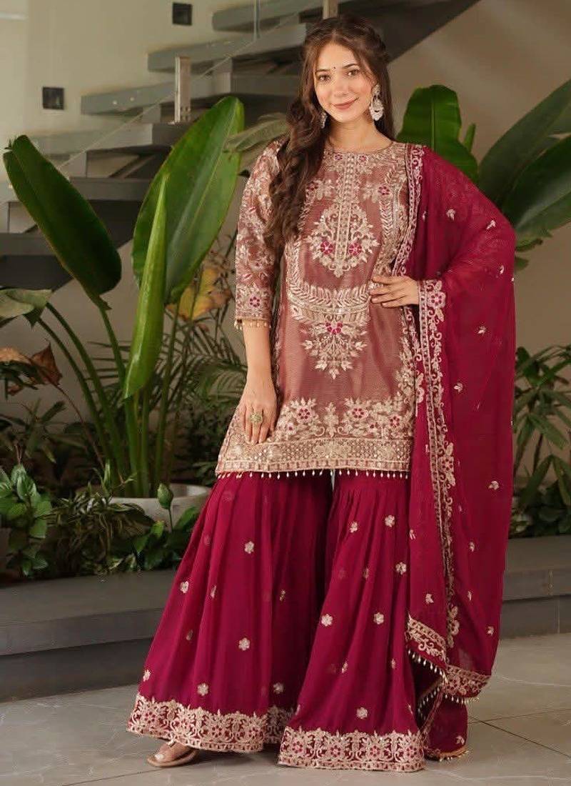 Maroon colour embroidered crazy silk kurta palazzo set with georgette dupatta