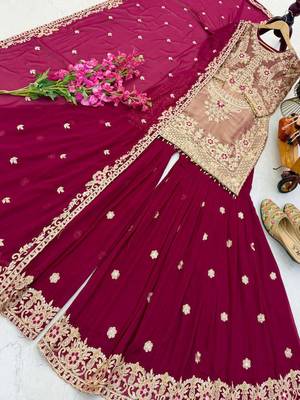 Maroon embroidered crazy silk kurta palazzo set with georgette dupatta 3