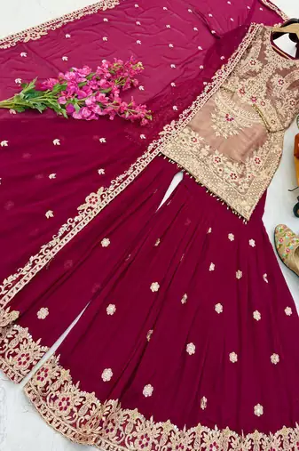 Maroon embroidered crazy silk kurta palazzo set with georgette dupatta