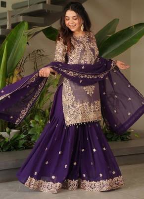 Purple embroidered crazy silk kurta palazzo set with georgette dupatta 1