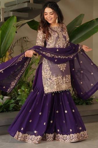Purple embroidered crazy silk kurta palazzo set with georgette dupatta