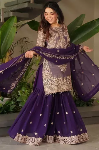Purple embroidered crazy silk kurta palazzo set with georgette dupatta