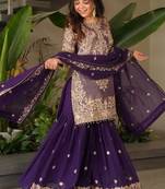 Purple colour embroidered crazy silk kurta palazzo set with georgette dupatta