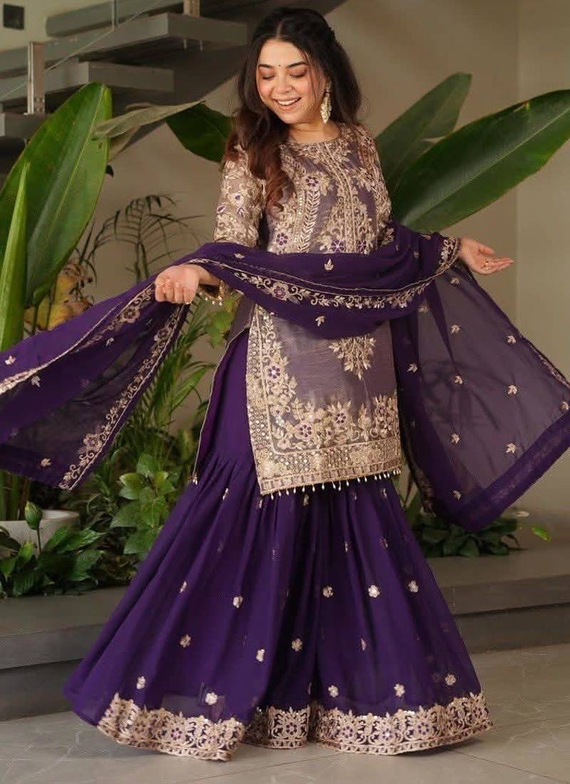 Purple colour embroidered crazy silk kurta palazzo set with georgette dupatta
