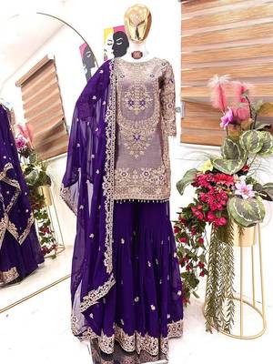 Purple embroidered crazy silk kurta palazzo set with georgette dupatta 2