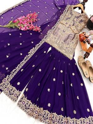 Purple embroidered crazy silk kurta palazzo set with georgette dupatta 3