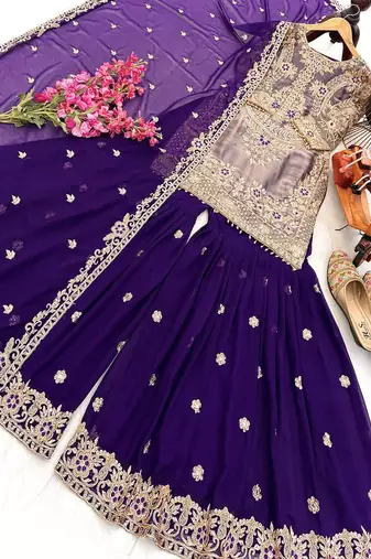 Purple embroidered crazy silk kurta palazzo set with georgette dupatta