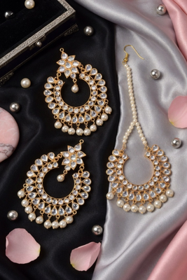 Pearl drop kundan earring tikka set 1