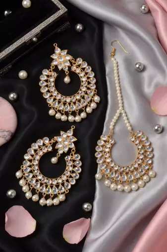 Pearl drop kundan earring tikka set