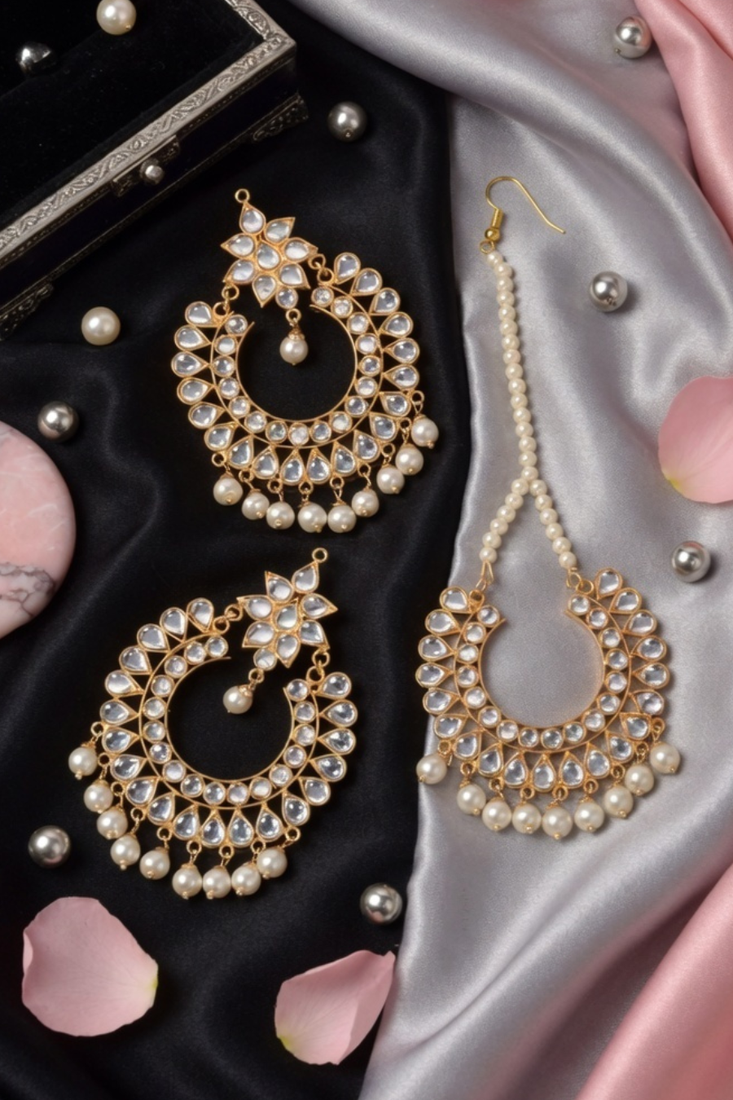 Pearl drop kundan earring tikka set