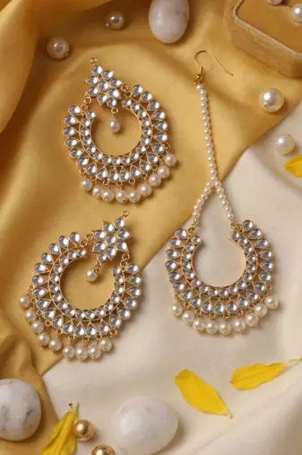 Pearl drop kundan earring tikka set