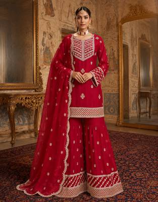 Red embroidered fox georgette kurta palazzo set with dupatta 1