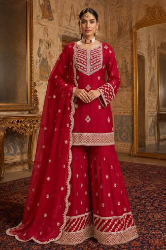 Red embroidered fox georgette kurta palazzo set with dupatta