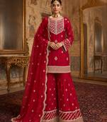 Red colour embroidered fox georgette kurta palazzo set with dupatta