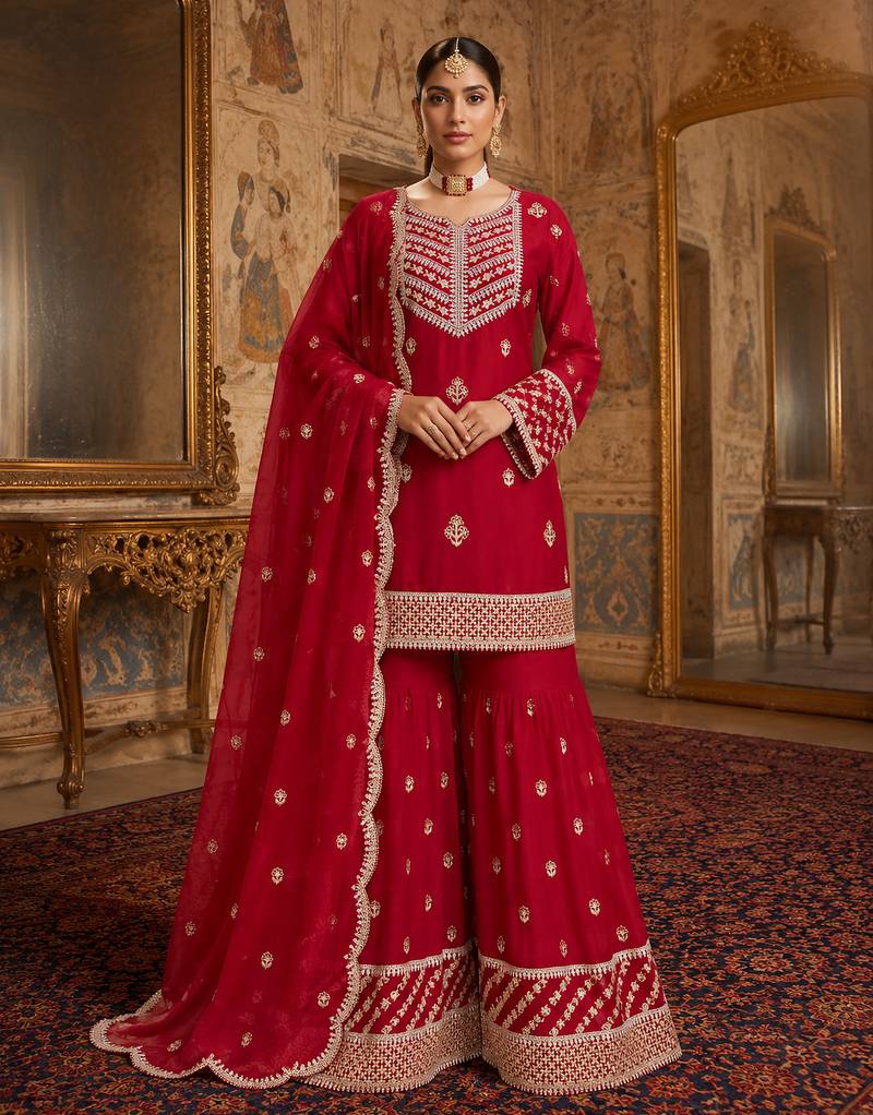 Red colour embroidered fox georgette kurta palazzo set with dupatta