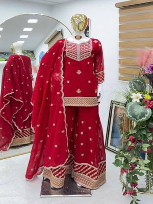 Red embroidered fox georgette kurta palazzo set with dupatta 2