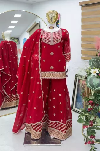 Red embroidered fox georgette kurta palazzo set with dupatta