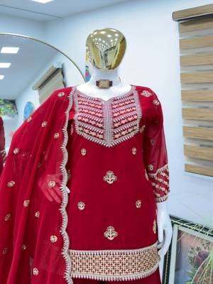 Red embroidered fox georgette kurta palazzo set with dupatta 3