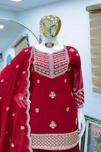 Red embroidered fox georgette kurta palazzo set with dupatta