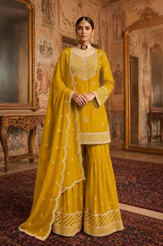 Yellow embroidered fox georgette kurta palazzo set with dupatta