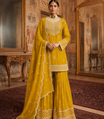Yellow colour embroidered fox georgette kurta palazzo set with dupatta
