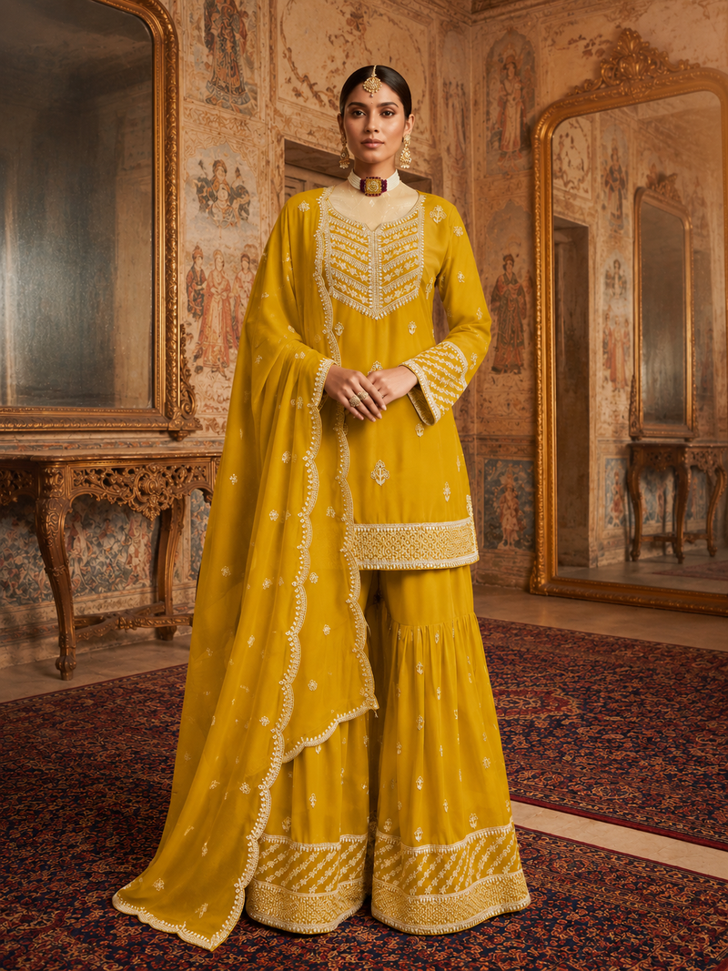 Yellow colour embroidered fox georgette kurta palazzo set with dupatta