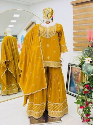 Yellow embroidered fox georgette kurta palazzo set with dupatta 2
