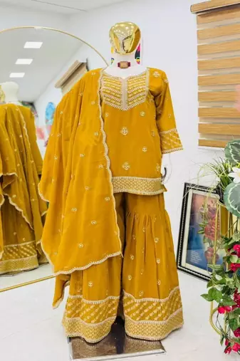 Yellow embroidered fox georgette kurta palazzo set with dupatta