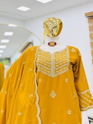 Yellow embroidered fox georgette kurta palazzo set with dupatta 3