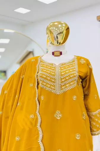 Yellow embroidered fox georgette kurta palazzo set with dupatta